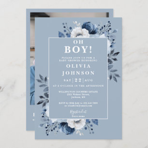 Invitation Oh Boy Dusty Blue Floral Photo QR Baby shower