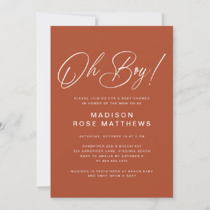 Invitation Oh Boy écriture moderne rouille Baby Shower