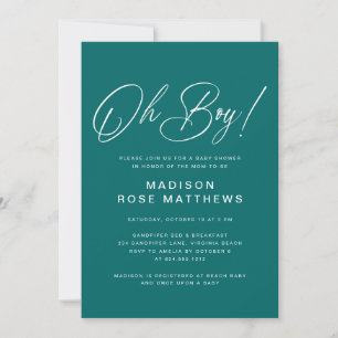 Invitation Oh Boy écriture moderne sarcelle Baby Shower
