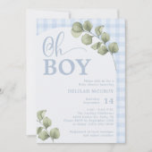 Invitation Oh Boy En vichy bleu et Baby shower verdoyant (Devant)
