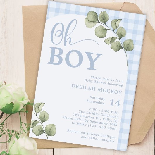 Invitation Oh Boy En vichy bleu et Baby shower verdoyant