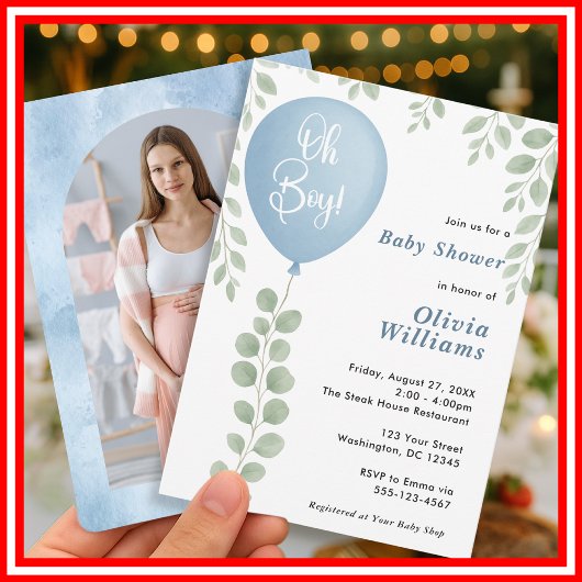 Invitation Oh Boy Eucalyptus Baby Shower Blue Balloon PHOTO