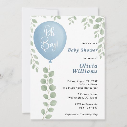 Invitation Oh Boy Eucalyptus Greenery PHOTO Baby Shower (Devant)