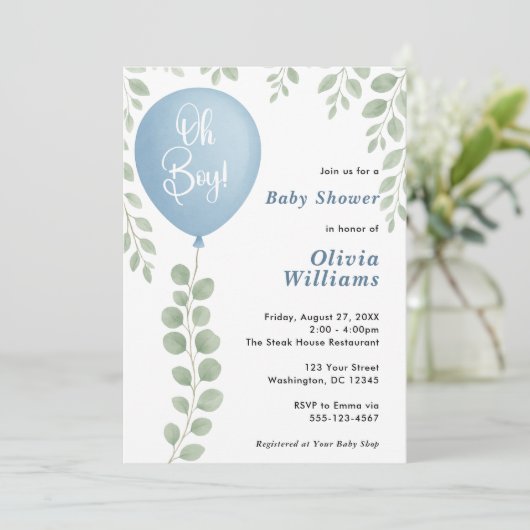 Invitation Oh Boy Eucalyptus Greenery PHOTO Baby Shower (Debout devant)