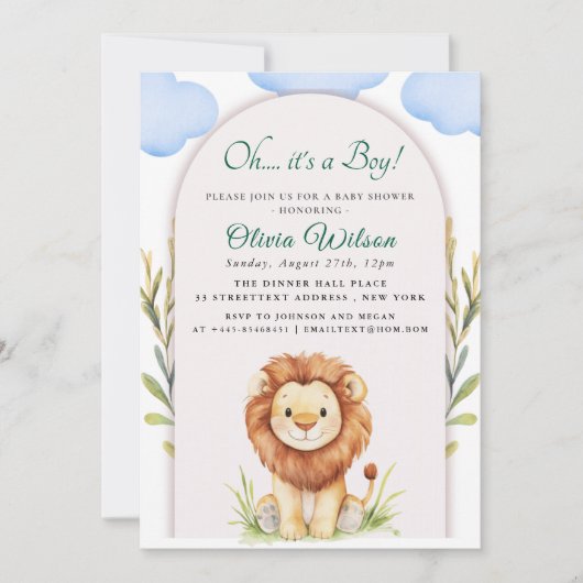 Invitation “Oh Boy !” Fête de bébé Lion avec feuillage (Devant)