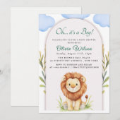 Invitation “Oh Boy !” Fête de bébé Lion avec feuillage (Devant / Derrière)