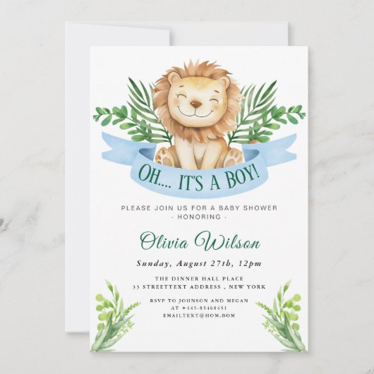 Invitation “Oh Boy!” Fête de Bébé Lion dans la Verdure (Devant)