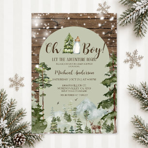 Invitation Oh Boy Fête Prénatale de Noël Aventure Bois Rustiq