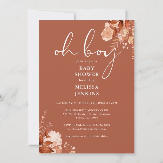 Invitation Oh Boy Floral Rustique Baby Shower Automne (Devant)