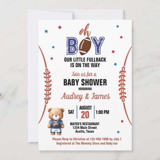 Invitation Oh Boy Football Theme Baby Shower (Devant)