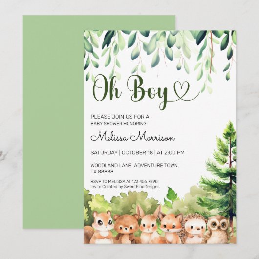 Invitation Oh Boy Forest Animals Baby Boy Douche (Devant / Derrière)