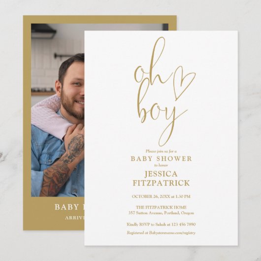 Invitation Oh Boy Gold Heart Script Boy Photo Baby shower (Devant / Derrière)