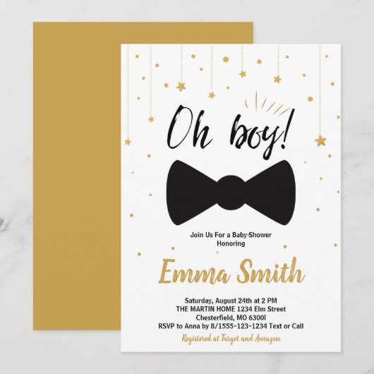 Invitation Oh Boy Gold Stars Bow cravate Baby shower (Devant / Derrière)