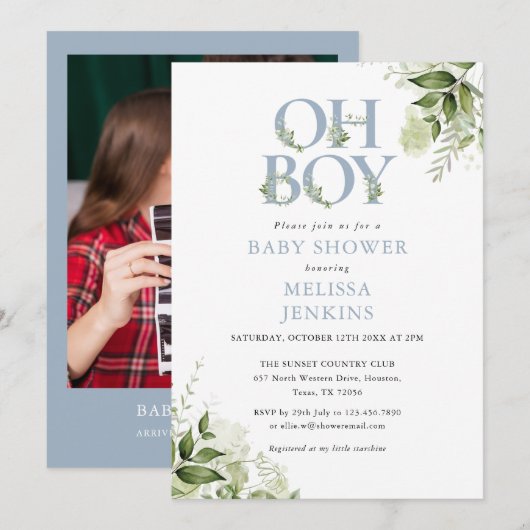 Invitation Oh Boy Greenery Dusty Blue Baby shower photo (Devant / Derrière)