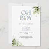 Invitation Oh Boy Greenery Dusty Blue QR Code Baby shower (Devant)
