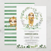 Invitation Oh Boy Greenery Floral Cute Baby shower Sloth (Devant / Derrière)