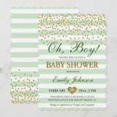 Invitation Oh Boy Light Vert Khaki Gold Confetti Baby shower (Devant / Derrière)