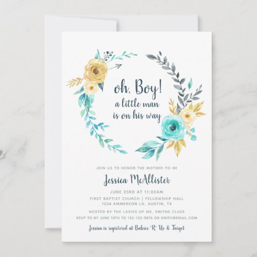 Invitation oh Boy Little Man Baby shower Turquoise Gold Invit (Devant)
