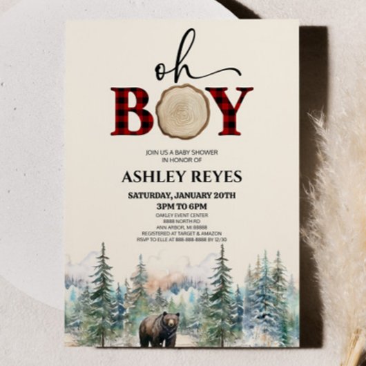 Invitation Oh Boy Lumberjack Baby shower d'ours de forêt