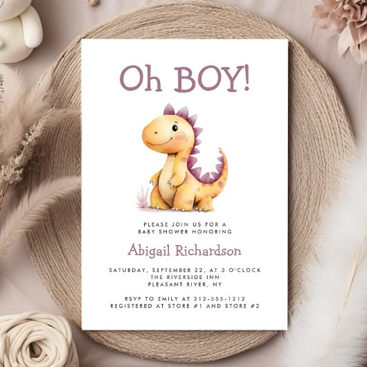 Invitation Oh Boy mignon Orange Purple Dinosaur Baby shower
