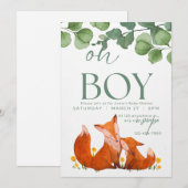 Invitation Oh boy mignon Safar baby shower fox floral (Devant / Derrière)