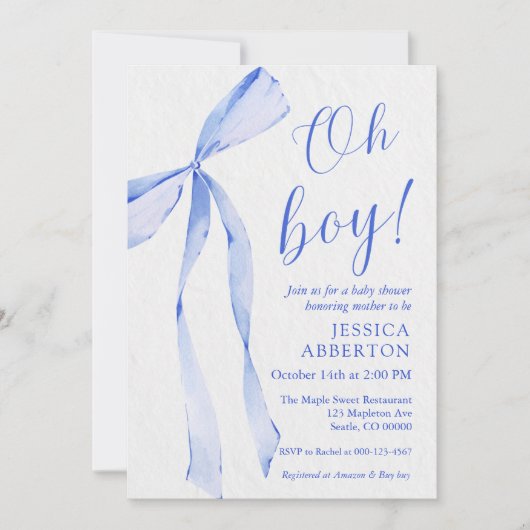 Invitation Oh boy! Modern Blue bow baby shower (Devant)
