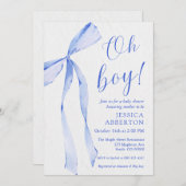 Invitation Oh boy! Modern Blue bow baby shower (Devant / Derrière)