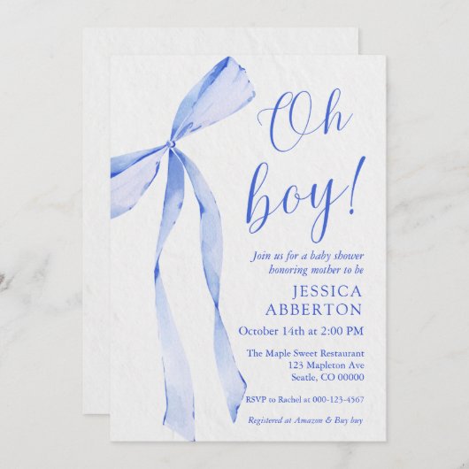 Invitation Oh boy! Modern Blue bow baby shower (Devant / Derrière)