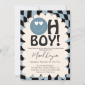 Invitation Oh Boy! Modern Groovy Blue Happy Face Baby Shower (Devant)