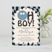 Invitation Oh Boy! Modern Groovy Blue Happy Face Baby Shower (Debout devant)