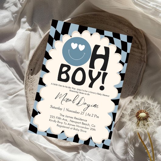 Invitation Oh Boy! Modern Groovy Blue Happy Face Baby Shower