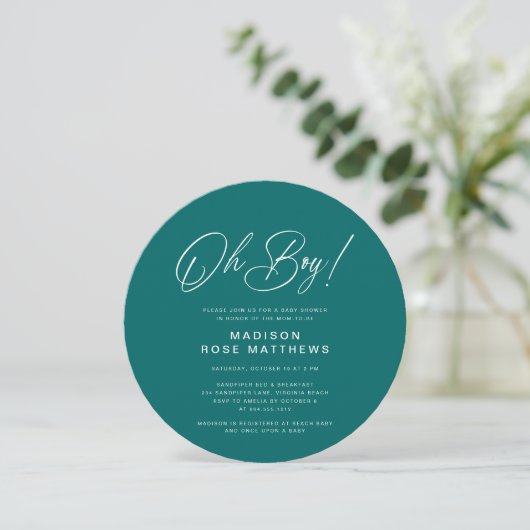 Invitation Oh Boy Modern Round Script Teal Baby Shower (Debout devant)