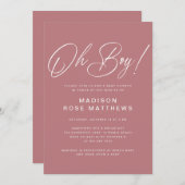 Invitation Oh Boy Modern Script Dusty Rose Baby Shower  (Devant / Derrière)