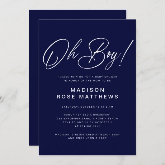 Invitation Oh Boy Modern Script Navy Blue  Baby Shower  (Devant / Derrière)