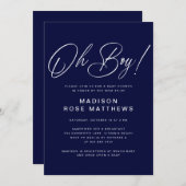 Invitation Oh Boy Modern Script Navy Blue  Baby Shower  (Devant / Derrière)