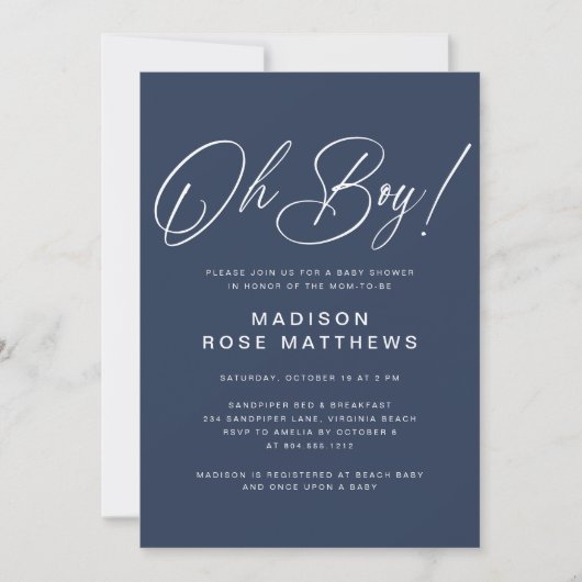 Invitation Oh Boy Modern Script Navy Blue  Baby Shower   (Devant)