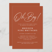 Invitation Oh Boy Modern Script Rust Baby Shower (Devant / Derrière)