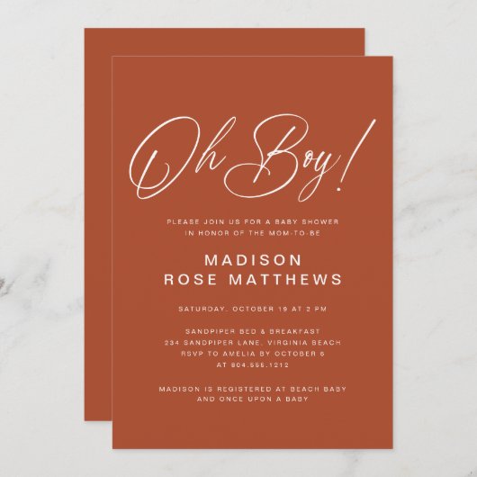 Invitation Oh Boy Modern Script Rust   Baby Shower   (Devant / Derrière)