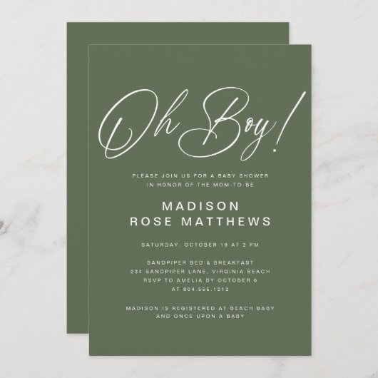 Invitation Oh Boy Modern Script Sage Olive Baby Shower (Devant / Derrière)