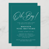 Invitation Oh Boy Modern Script Teal Baby Shower (Devant / Derrière)