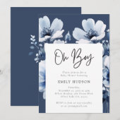Invitation Oh Boy Navy Blue Floral Baby shower (Devant / Derrière)