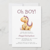 Invitation Oh Boy Orange Purple Dinosaur QR Code Baby shower (Devant)