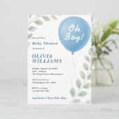 Invitation Oh Boy PHOTO Eucalyptus Blue Balloon Baby Shower  (Debout devant)