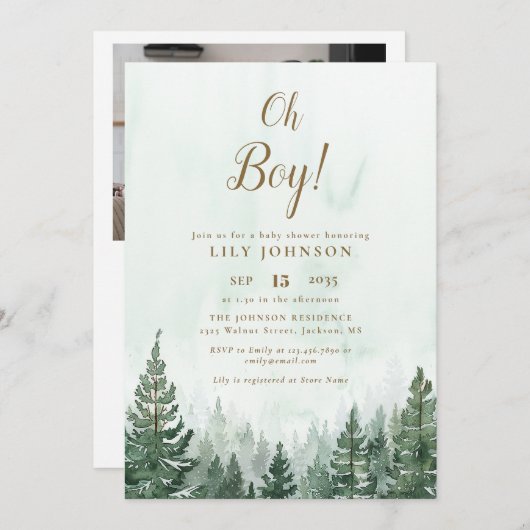 Invitation Oh Boy Pine Tree Forest Baby shower Photo QR Code (Devant / Derrière)