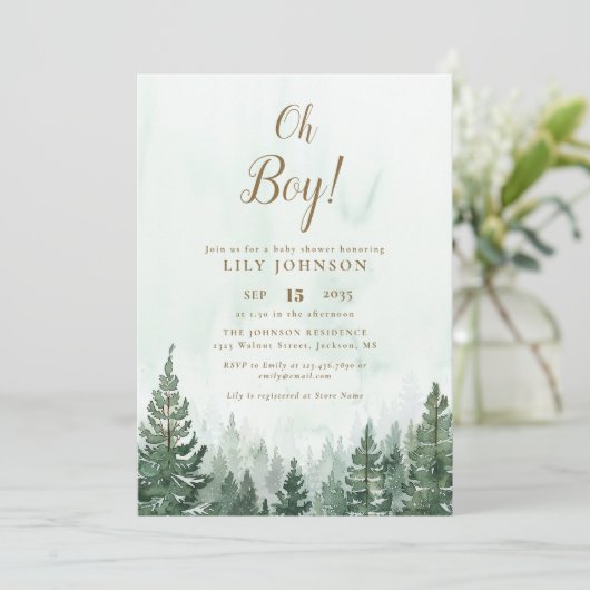 Invitation Oh Boy Pine Tree Forest Baby shower Photo QR Code (Debout devant)