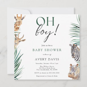 Invitation Oh Boy Safari Animaux Baby shower Carré