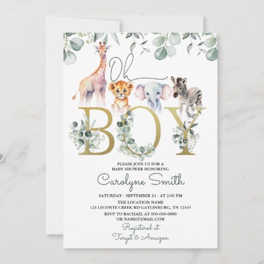 Invitation Oh Boy Safari Animaux Baby shower verdoyant (Devant)