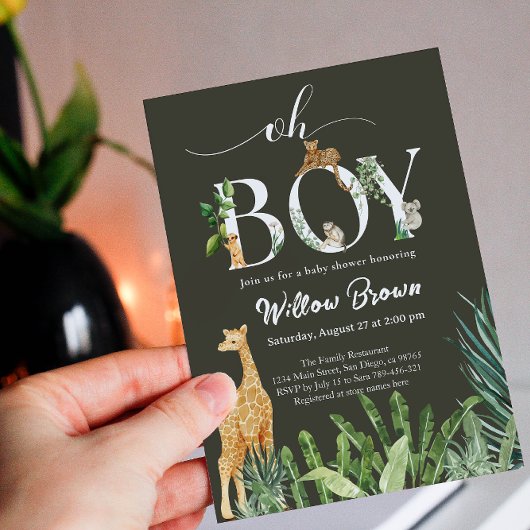 Invitation Oh Boy Safari Forêt Animale Baby shower de verdure