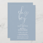 Invitation Oh Boy Script Coeur Dusty Blue Boy Baby shower (Devant / Derrière)