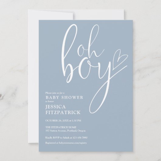 Invitation Oh Boy Script Heart Dusty Blue Garçon Baby Shower (Devant)